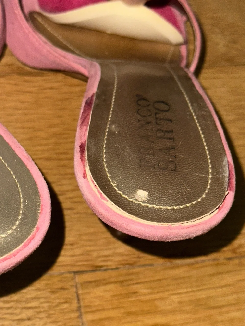 Franco Sarto Suede & Wood Sandals | Size 7.5 | Barbie Pink Kitten Heel Wedge Y2K